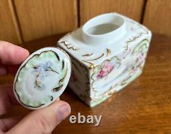 Continental antique porcelain hand painted square lidded pot, gold detailing