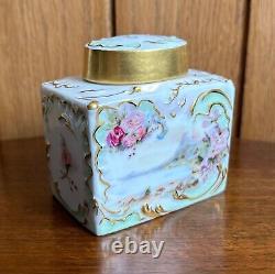 Continental antique porcelain hand painted square lidded pot, gold detailing