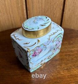 Continental antique porcelain hand painted square lidded pot, gold detailing