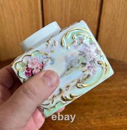 Continental antique porcelain hand painted square lidded pot, gold detailing