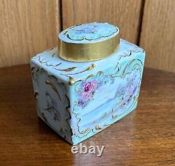 Continental antique porcelain hand painted square lidded pot, gold detailing