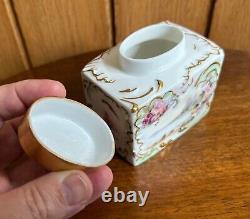 Continental antique porcelain hand painted square lidded pot, gold detailing