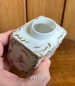 Continental antique porcelain hand painted square lidded pot, gold detailing