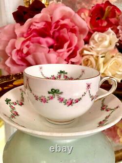 Crown Staffordshire Hand Painted Tea Cup Saucer Set Roses Ribbons Garlands