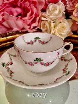 Crown Staffordshire Hand Painted Tea Cup Saucer Set Roses Ribbons Garlands