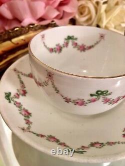 Crown Staffordshire Hand Painted Tea Cup Saucer Set Roses Ribbons Garlands