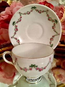 Crown Staffordshire Hand Painted Tea Cup Saucer Set Roses Ribbons Garlands