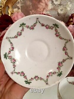 Crown Staffordshire Hand Painted Tea Cup Saucer Set Roses Ribbons Garlands