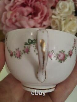 Crown Staffordshire Hand Painted Tea Cup Saucer Set Roses Ribbons Garlands