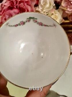 Crown Staffordshire Hand Painted Tea Cup Saucer Set Roses Ribbons Garlands