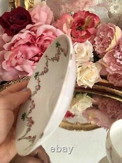 Crown Staffordshire Hand Painted Tea Cup Saucer Set Roses Ribbons Garlands