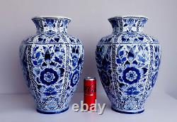 Delft Pair Of Huge Vases 15.4 Inches Hand Painted Eye Catching Pieces Excellent