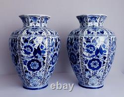 Delft Pair Of Huge Vases 15.4 Inches Hand Painted Eye Catching Pieces Excellent