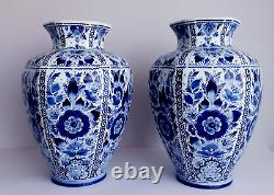 Delft Pair Of Huge Vases 15.4 Inches Hand Painted Eye Catching Pieces Excellent