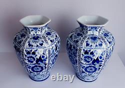 Delft Pair Of Huge Vases 15.4 Inches Hand Painted Eye Catching Pieces Excellent