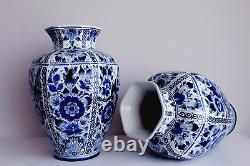 Delft Pair Of Huge Vases 15.4 Inches Hand Painted Eye Catching Pieces Excellent