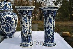 Delfts Blue Boch Royal Sphinx 18 Hand Painted Foo Dog Urn/Ginger Jar Vase Trio