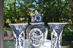 Delfts Blue Boch Royal Sphinx NL Hand Painted Foo Dog Urn/Ginger Jar Vase Trio