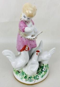 Dulevo Porcelain Factory Girl with Chickens Hand Painted Porcelain Figure, 7,5