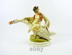 ELEK LUX HEREND GOOSE RIDER, ANTIQUE H. PAINTED PORCELAIN FIGURINE 1920's! (J032)