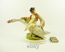 ELEK LUX HEREND GOOSE RIDER, ANTIQUE H. PAINTED PORCELAIN FIGURINE 1920's! (J032)