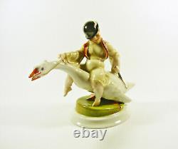 ELEK LUX HEREND GOOSE RIDER, ANTIQUE H. PAINTED PORCELAIN FIGURINE 1920's! (J032)