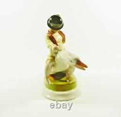 ELEK LUX HEREND GOOSE RIDER, ANTIQUE H. PAINTED PORCELAIN FIGURINE 1920's! (J032)