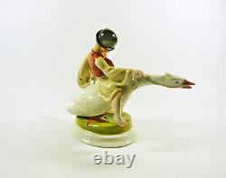 ELEK LUX HEREND GOOSE RIDER, ANTIQUE H. PAINTED PORCELAIN FIGURINE 1920's! (J032)