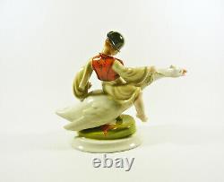 ELEK LUX HEREND GOOSE RIDER, ANTIQUE H. PAINTED PORCELAIN FIGURINE 1920's! (J032)