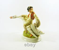 ELEK LUX HEREND GOOSE RIDER, ANTIQUE H. PAINTED PORCELAIN FIGURINE 1920's! (J032)