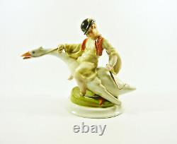 ELEK LUX HEREND GOOSE RIDER, ANTIQUE H. PAINTED PORCELAIN FIGURINE 1920's! (J032)