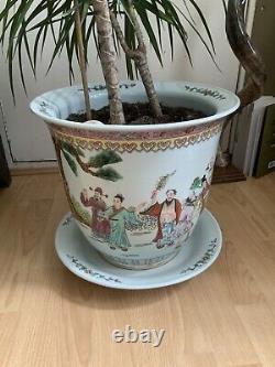 Early 20th C Chinese Planter and Stand with Hand Painted Rural Community Scene