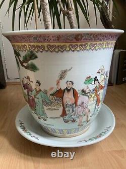 Early 20th C Chinese Planter and Stand with Hand Painted Rural Community Scene
