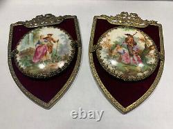 Early Hand Painted Porcelain Plaques Convex French Couple Courting Gilt Frames