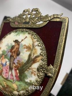 Early Hand Painted Porcelain Plaques Convex French Couple Courting Gilt Frames