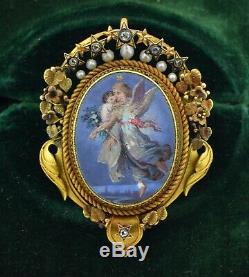 Early Victorian 18K Hand Painted Porcelain, Diamonds & Pearls Pendant Brooch