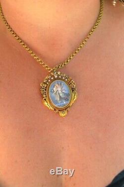 Early Victorian 18K Hand Painted Porcelain, Diamonds & Pearls Pendant Brooch