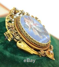 Early Victorian 18K Hand Painted Porcelain, Diamonds & Pearls Pendant Brooch