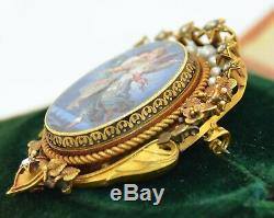 Early Victorian 18K Hand Painted Porcelain, Diamonds & Pearls Pendant Brooch