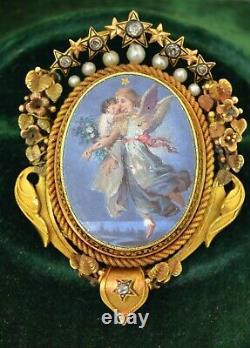 Early Victorian 18K Hand Painted Porcelain, Diamonds & Pearls Pendant Brooch