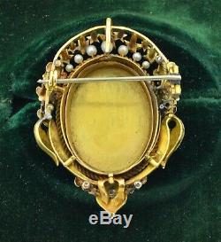 Early Victorian 18K Hand Painted Porcelain, Diamonds & Pearls Pendant Brooch