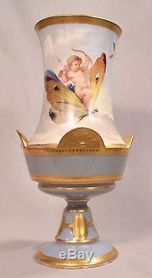 Exquisite Antique French Porcelain Vase Hand Painted with a Cherub & Butterflies