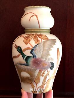 Exquisite Antique / Vintage Hand Painted Mallard Duck in Reeds Porcelain Vase