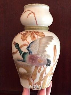 Exquisite Antique / Vintage Hand Painted Mallard Duck in Reeds Porcelain Vase