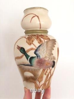 Exquisite Antique / Vintage Hand Painted Mallard Duck in Reeds Porcelain Vase