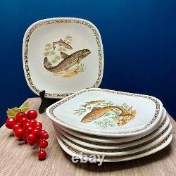 Exquisite Vintage Longchamp Porcelain Fish Plates Set 6 with Gold-Rim Edges- MINT