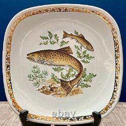 Exquisite Vintage Longchamp Porcelain Fish Plates Set 6 with Gold-Rim Edges- MINT