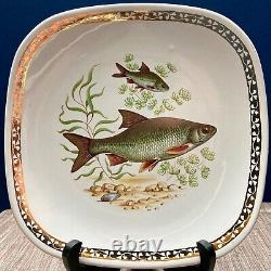 Exquisite Vintage Longchamp Porcelain Fish Plates Set 6 with Gold-Rim Edges- MINT