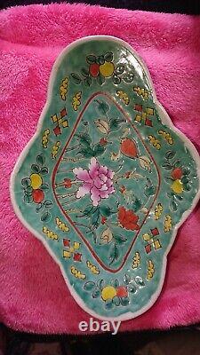 Fabulous Vintage Set of Two Chinese Famille Aqua Enamelled Lobed & Footed Dishes