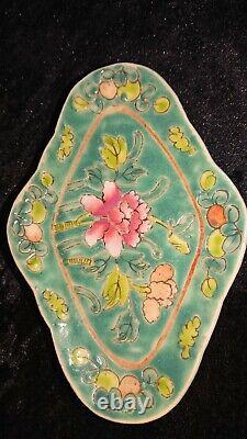 Fabulous Vintage Set of Two Chinese Famille Aqua Enamelled Lobed & Footed Dishes